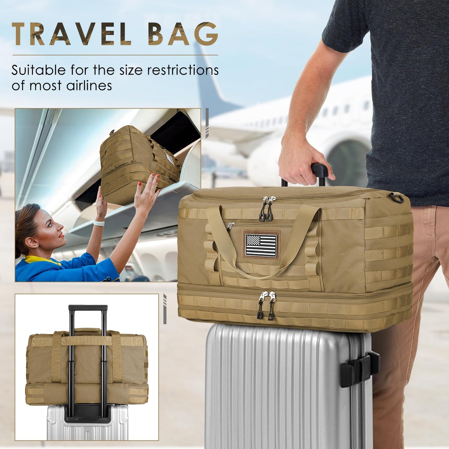 ETRONIK Travel Bag for Men Women, Gym Bag & Tactical Duffle Bags for Travel, Carry on with Toiletry Bag and Shoe Compartment, Weekender Overnight Trip with Wet Pocket for Workout Medical, Brown