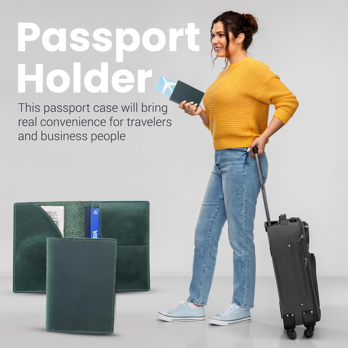 Leather Passport Holder with Travel Wallet, Genuine Leather Passport Cover- Passport Wallet, Leather Folding Wallet for Passports (Oval Cut, Green)