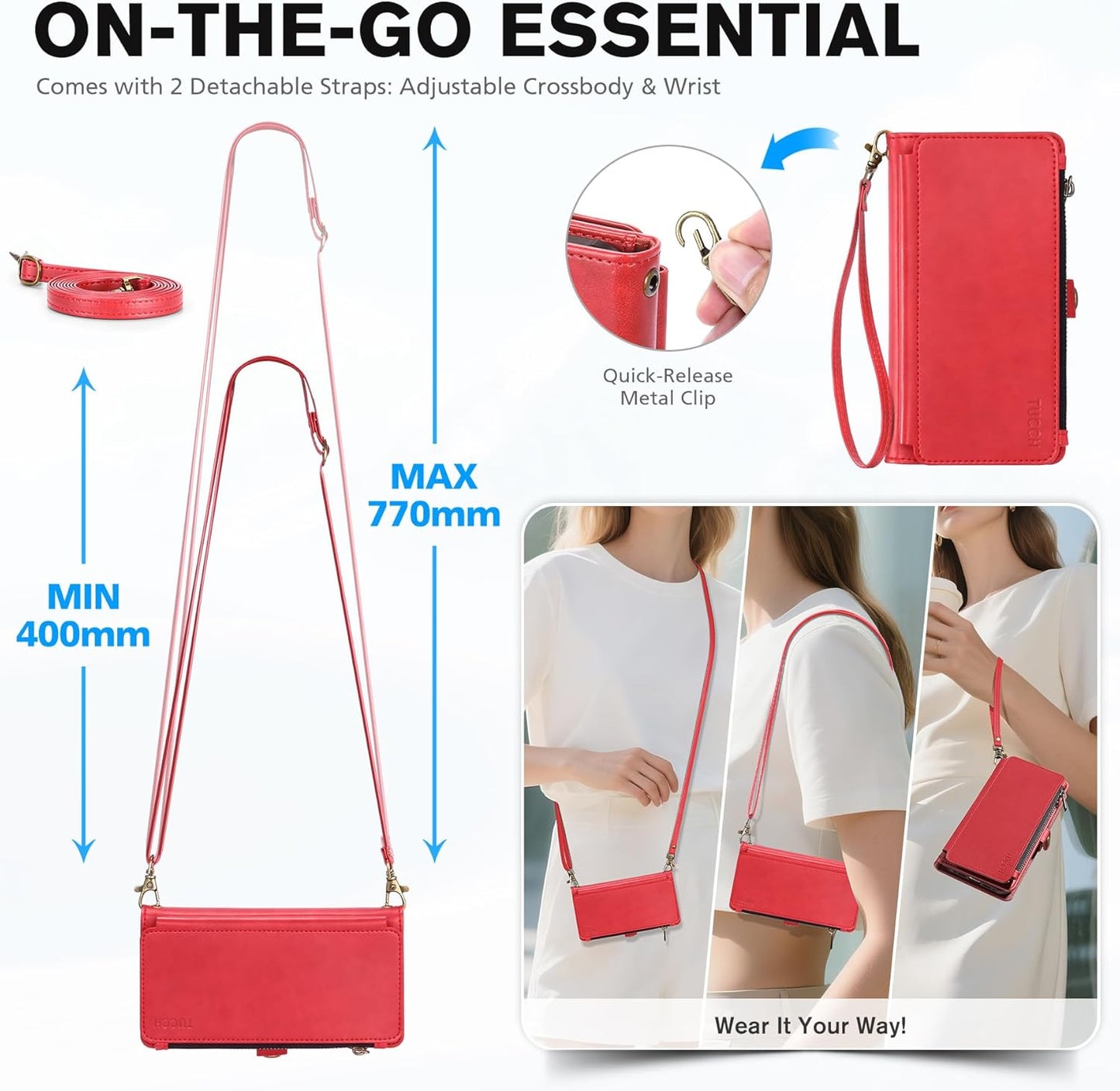 TUCCH Detachable Crossbody Wallet Case for iPhone 17 Pro Max 6.9", 10 Card Slots RFID Blocking | Stand | Lanyard Wrist Strap | Wireless Charging | Zipper Pocket | PU Leather Magnetic Cover | Red