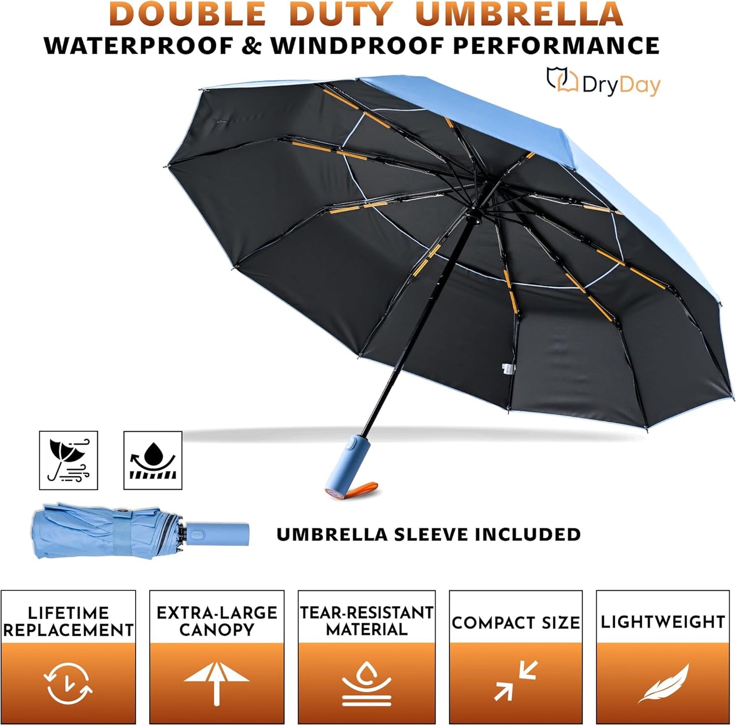 DryDay Travel Umbrellas for Rain - Large Windproof Double Canopy Umbrella, 10 Durable Ribs, Strong Frame, Auto Open Close Ergonomic Handle, Compact Waterproof Umbrella for Women & Men
