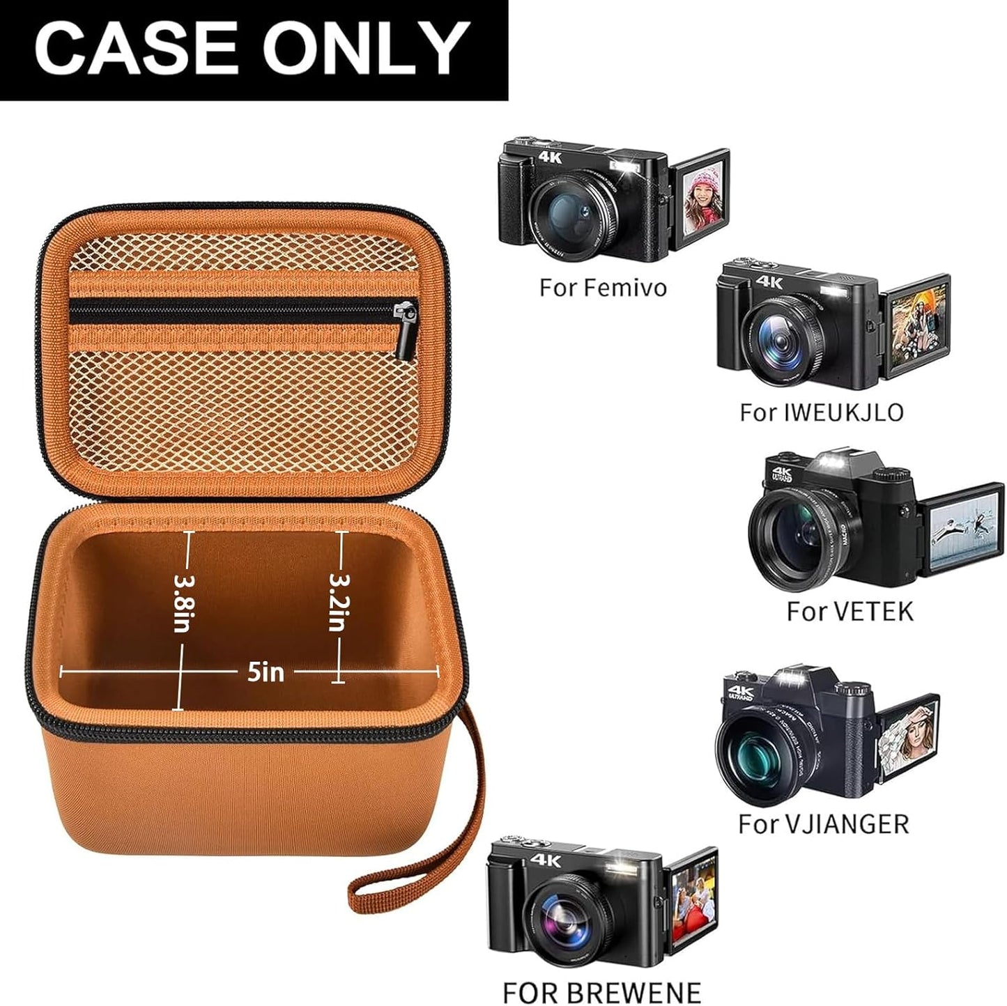 Vlogging Camera Case Compatible with for Duluvulu/for VJIANGER/for JGIPL/for TEBNGIHNM 4K Digital Cameras for Youtube. Vlog Camera Carrying Storage for Lens, Cable and Other Accessories - Brown
