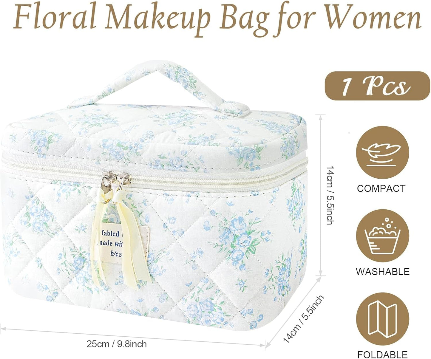 Large Travel Quilted Makeup Bag for Women, Floral Cotton Cosmetic Bag Cute Coquette Aesthetic Floral Toiletry Organizer Bag for Girls Little Blue Rose Cosmetic Zipper Storage Bag