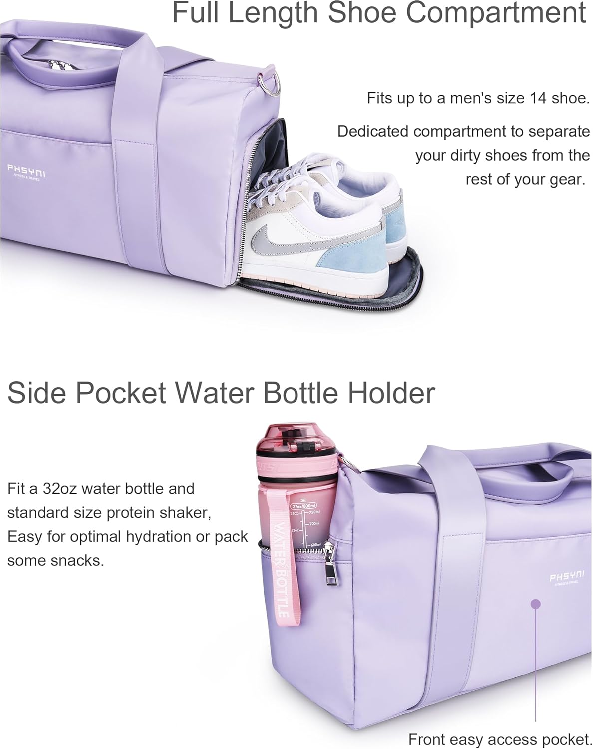 Gym Bag for Women Girls with Shoe Compartment & Wet Pocket - Duffle Bag for Travel Sports Fitness Workout Athletic, 19"-Medium, Purple