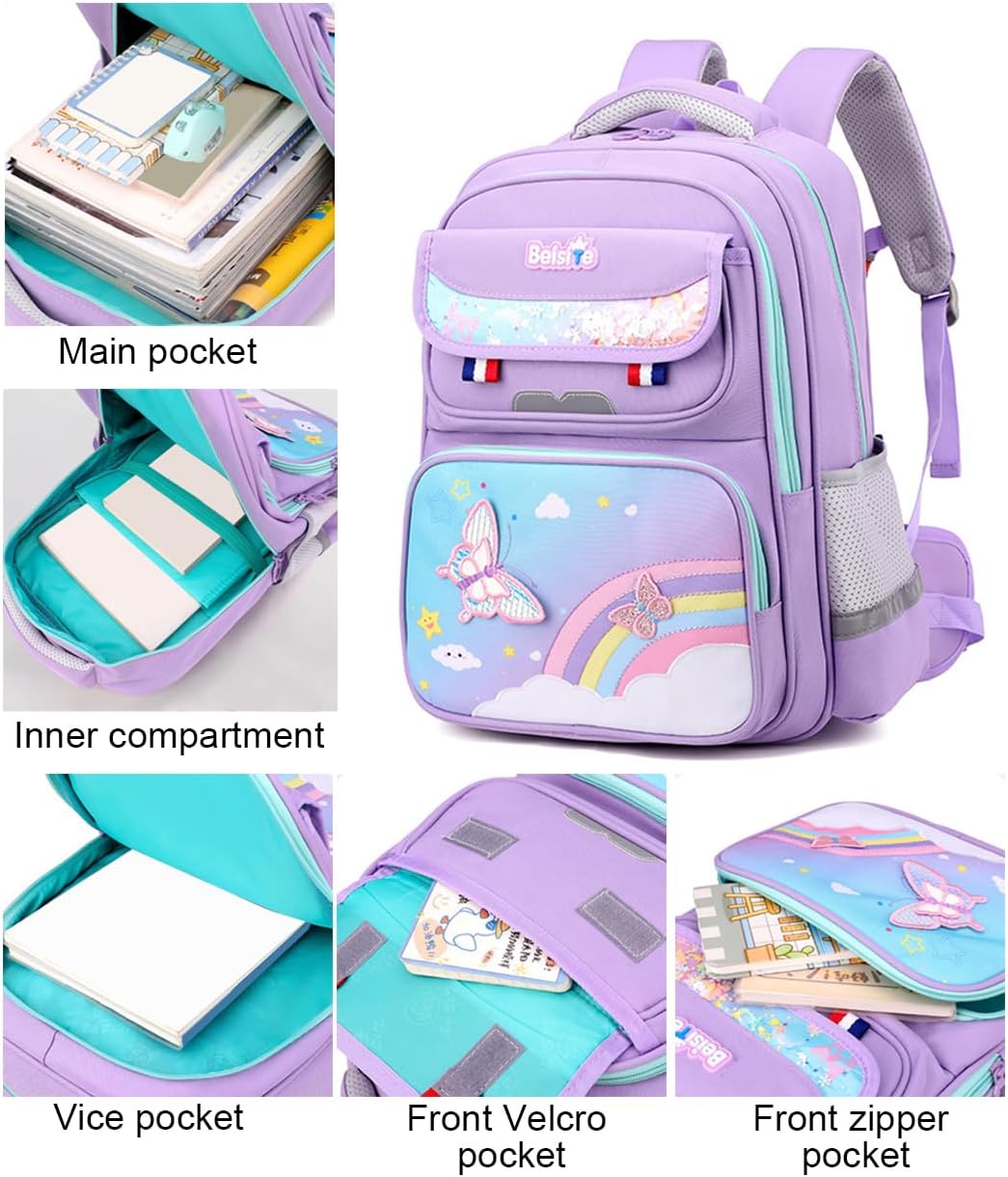 JiaYou Unisex Child Backpack Multi Layer Primary School Daypack with Detachable waist belt(Blue Purple,17 Liters)