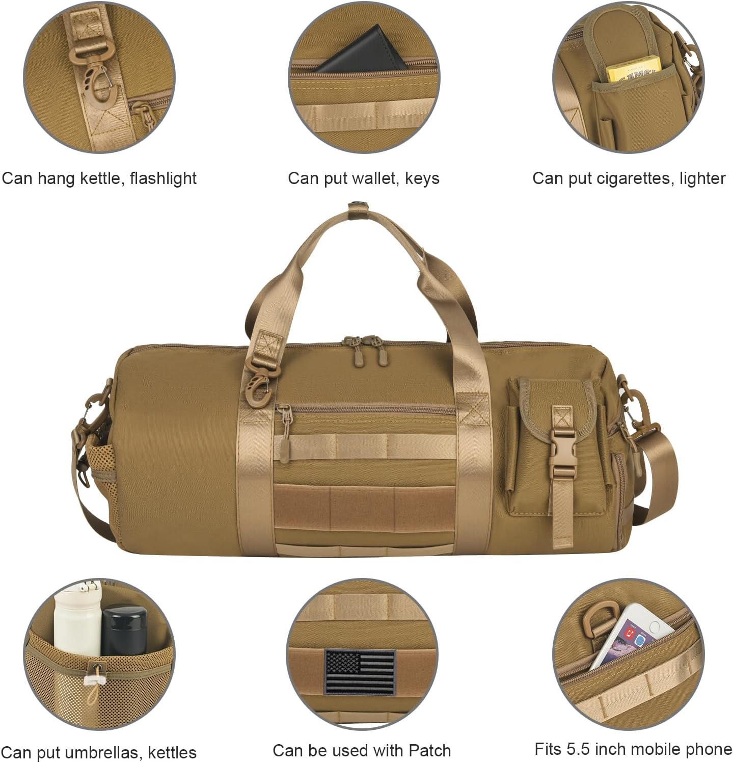 ArcEnCiel Medium Tactical Duffle Bag Men Gym Pack Molle Shoulder Bags Shoes Storage Sports Handbag with Patch(Coyote Brown)