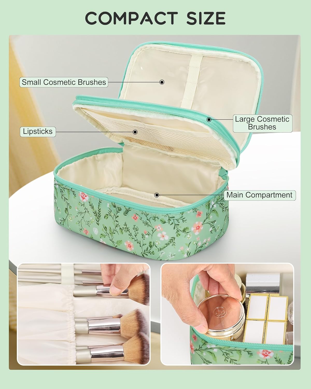 Small Makeup Bag, Travel Floral Cosmetic Bag with Makeup Brush Compartment, Portable Makeup Pouch for Women, Double Layer Makeup Organizer Bag Cute Toiletry Bag, Green Floral