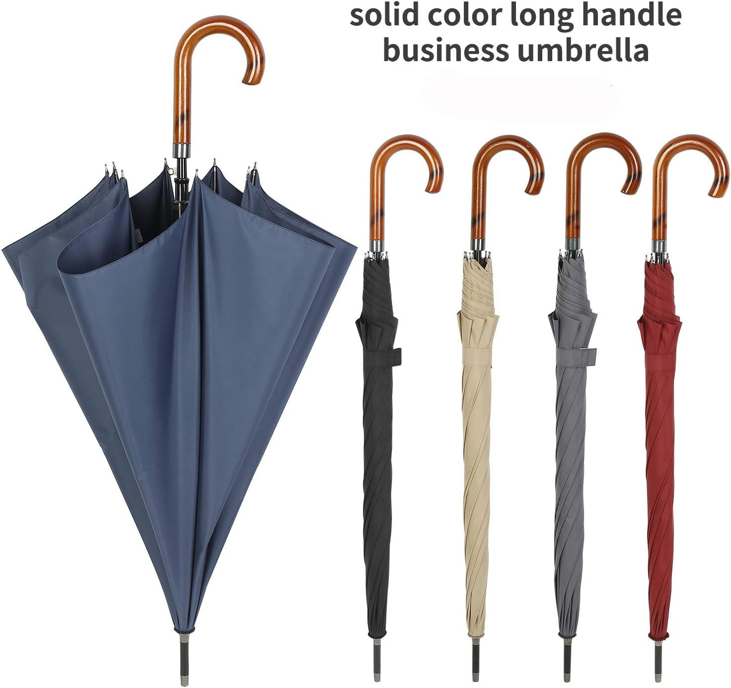 TIME LOVER Stick Umbrella Oversize Windproof Umbrella Wooden Hook Handle J Stick Automatic Open Fast Drying Umbrella for Men Women(Navy)