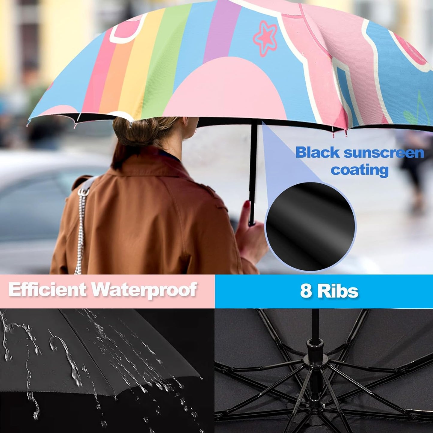 Small Travel Folding Umbrella for Girl, Portable, UV, SunShade, Compact, Automatic, Rain & Wind