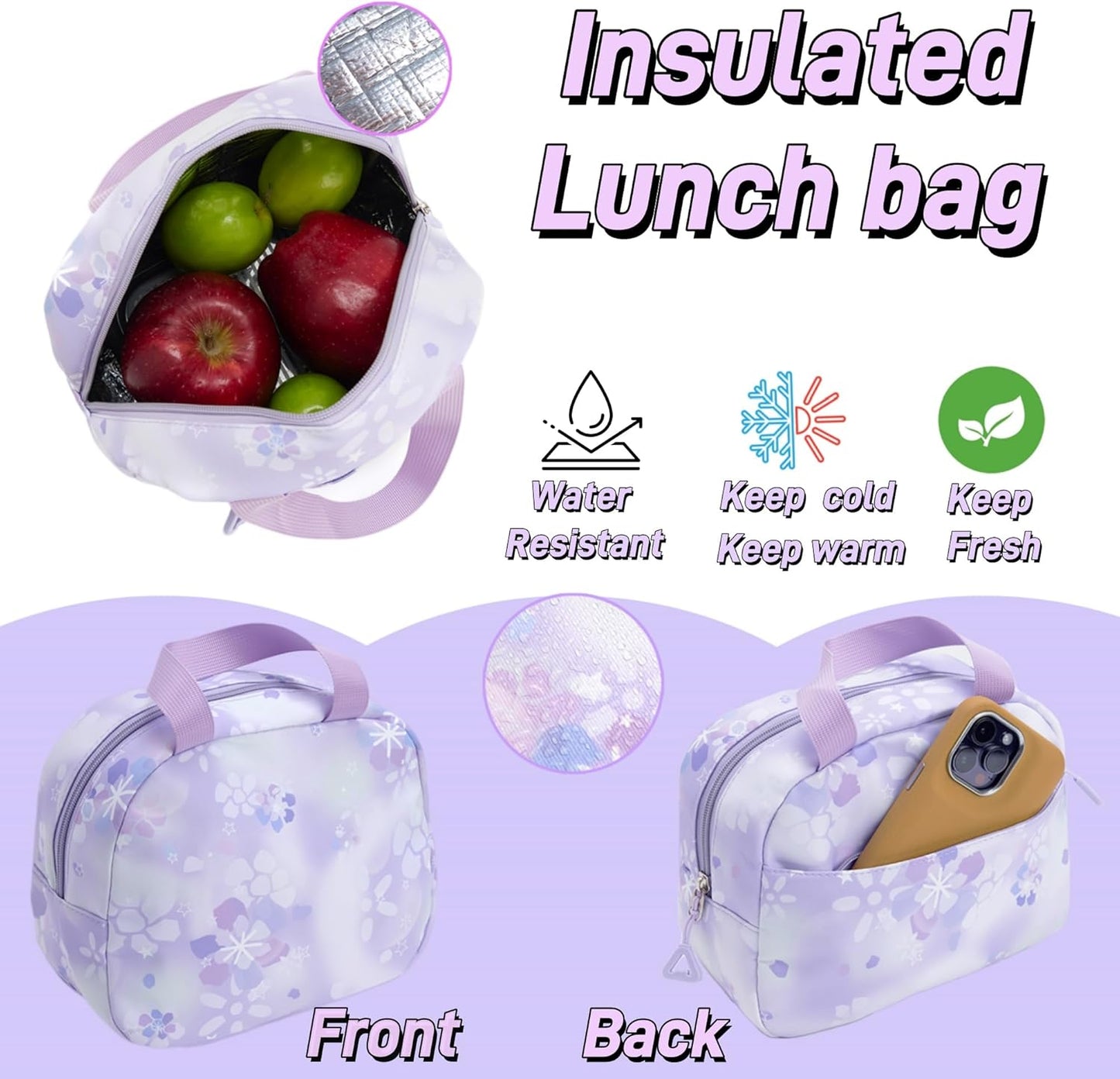 Kids Backpack for Girls Flower schoolbag with Lunch Bag & Pen Case Waterproof Girl Bookbag for Elementary school(purple)