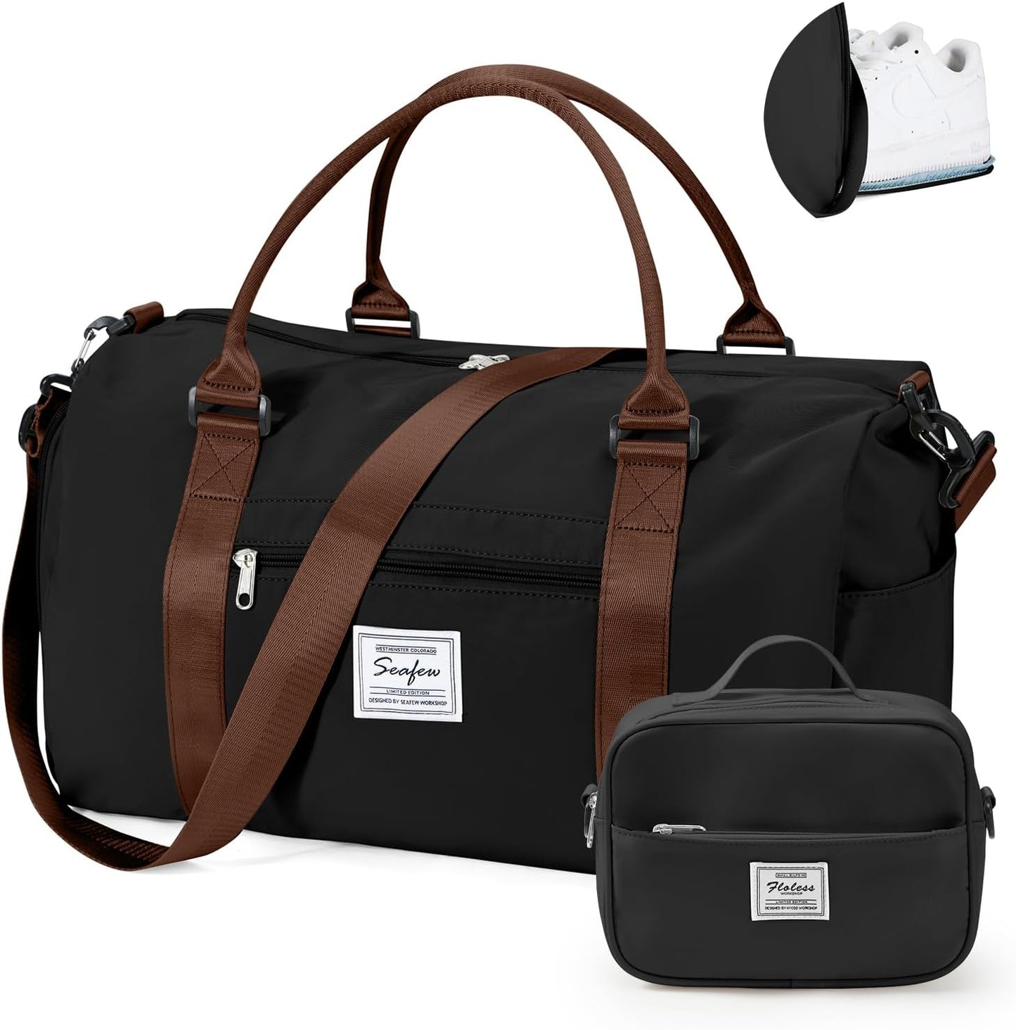 Gym Bag for Women with Shoes Compartment,Small Duffel Bag Sport bag with Toiletry Bag Overnight Travel Tote Bags Weekender Carry on Bag Personal Item Bags for Airlines Black Brown