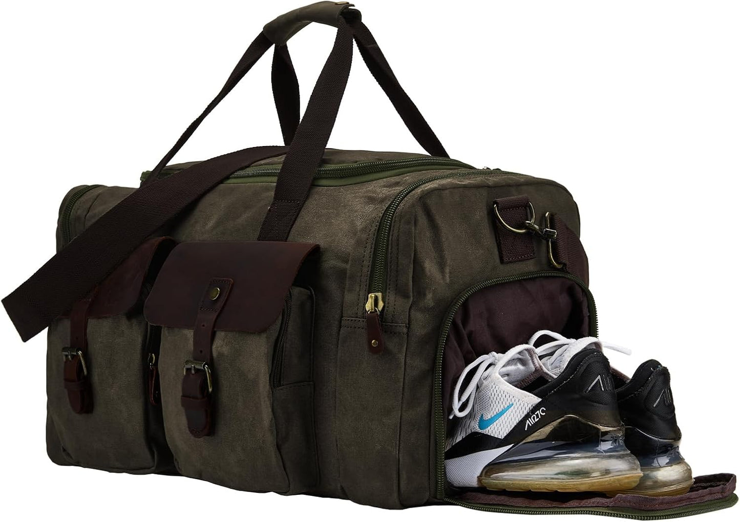 Waxed Canvas Vintage Overnight Duffel Weekend Travel Bag Waterproof For Men Women with Shoes Compartment(olive green)