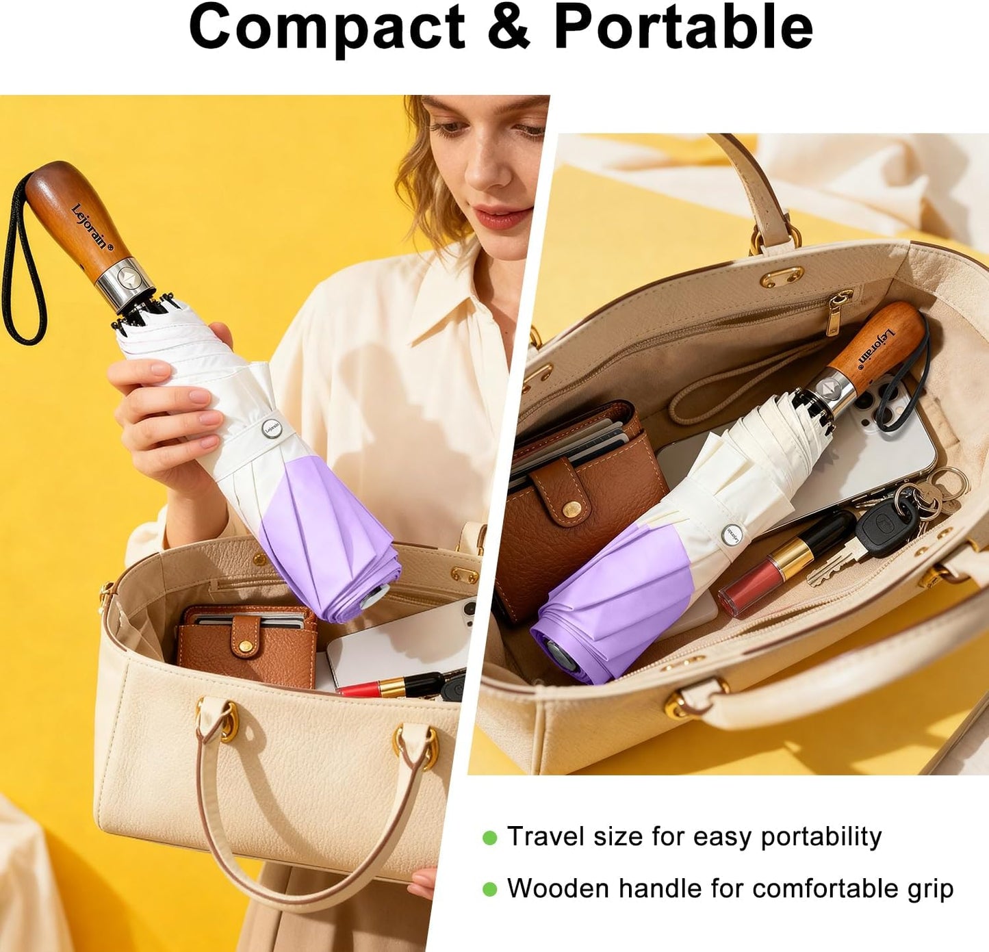 Lejorain Compact Golf Umbrella Large - 54inch Travel Big Portable Automatic Folding Umbrella Windproof for Men Heavy Duty 210T Dupont Teflon Coated Umbrella for Rain