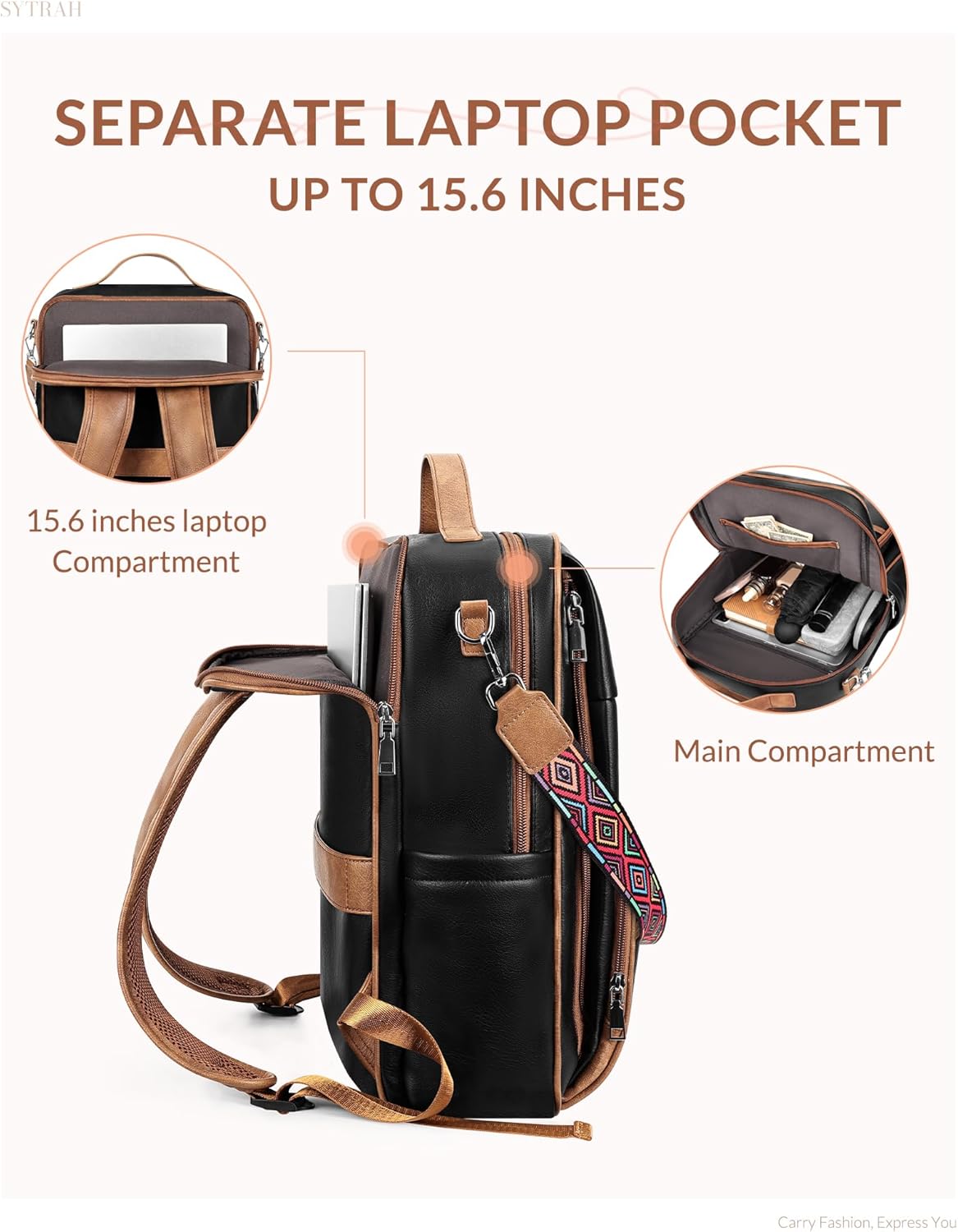 Leather Laptop Backpack, 15.6 Inch Business Computer Bag, Designer College Backpack Travel Backpack with Colorful Shoulder Bag Strap Black Brown