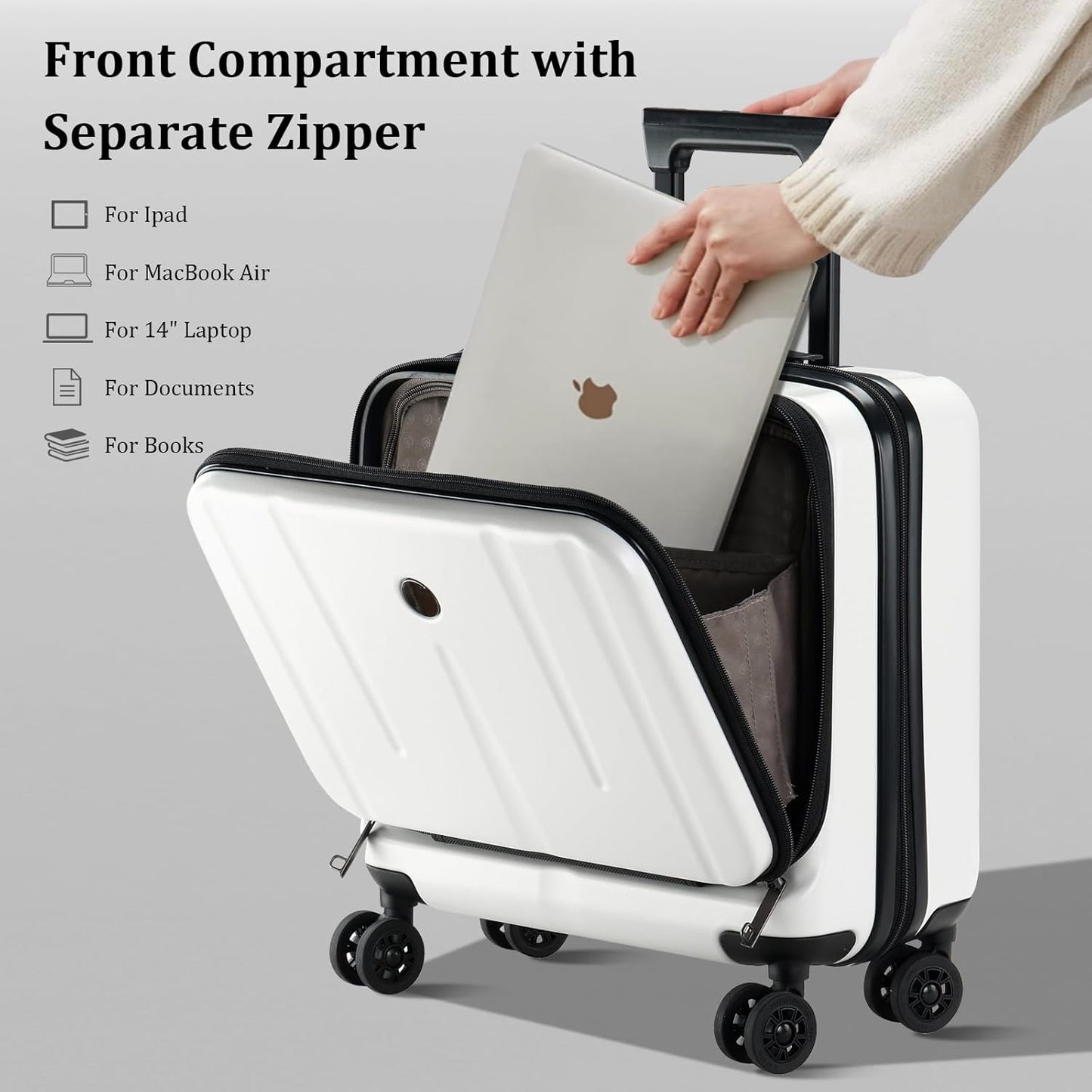 16 Inch Carry On Luggage with 2 Compartments for 14” & 15” Laptop, 16.14*8*17.12” Rolling Briefcase, Lightweight Hardshell ABS+PC Suitcase with Spinner Silent Wheels, for Business Trip, Milky White
