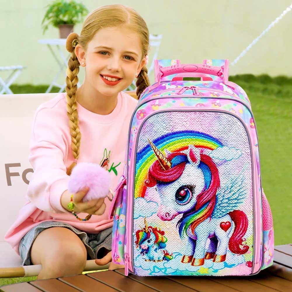 KLFVB 3PCS Cat Uni Dinosaur Backpack for Girls and Boys, 16" Kids Bookbag and Lunch Box, Preschool Backpacks for Elementary