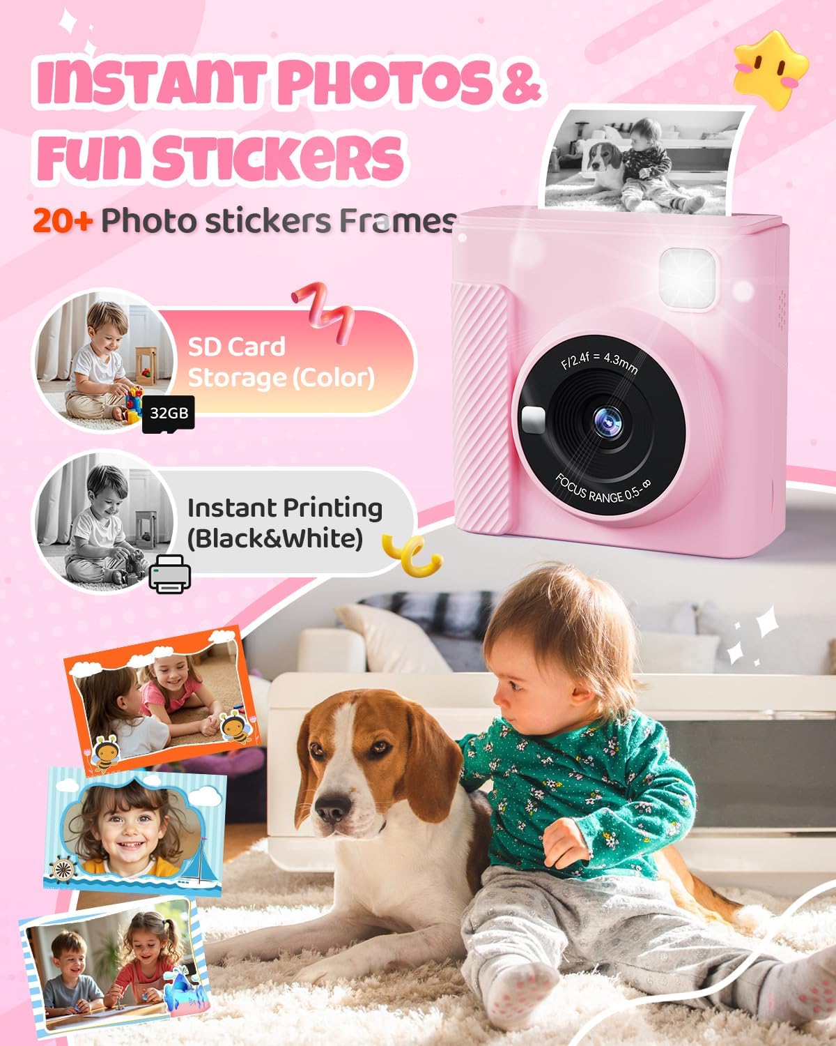 Kids Instant Print Camera, Christmas Birthday Gifts for Girls and Boys, 1080P HD Video Digital Kids Camera with Print Paper & 32G Card, Toddler Toy for 3-14 Years Old (Pink)