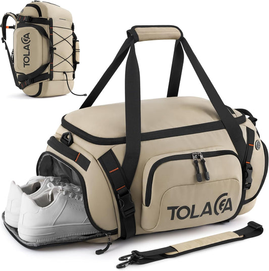 Tolaccea Gym Bag for Men & Women, 40L Duffle Bag Backpack for Travel Sports with Shoe Compartment, Wet Pocket & Extra Laptop Bag for 15.6'', 3-in-1 Sport Workout Duffel Carry On for Airplane (Khaki)
