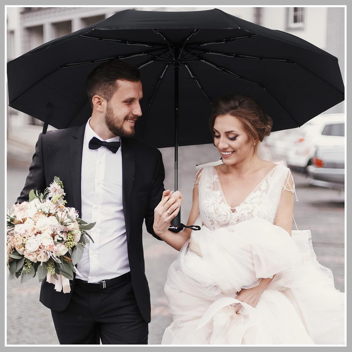 Jexine Automatic Open Close Umbrella Bulk 10 Ribs Portable Travel Windproof Compact Strong Light Folding Umbrellas for Rain Car Backpack, Black(12 Pcs)