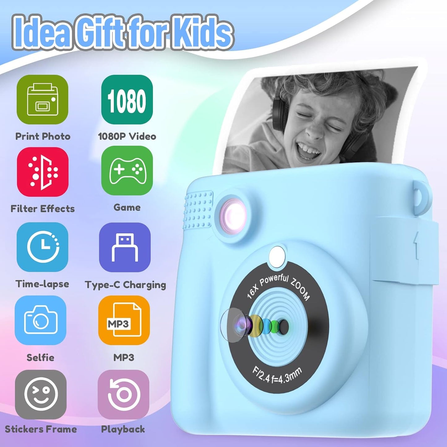 Kids Camera Instant Print, Christmas Birthday Gifts for Kids Age 3-12, Selfie Digital Camera with 1080P Videos,Toddler Portable Travel Toy for 4 5 6 7 8 9 Year Old Boys Girls-Blue