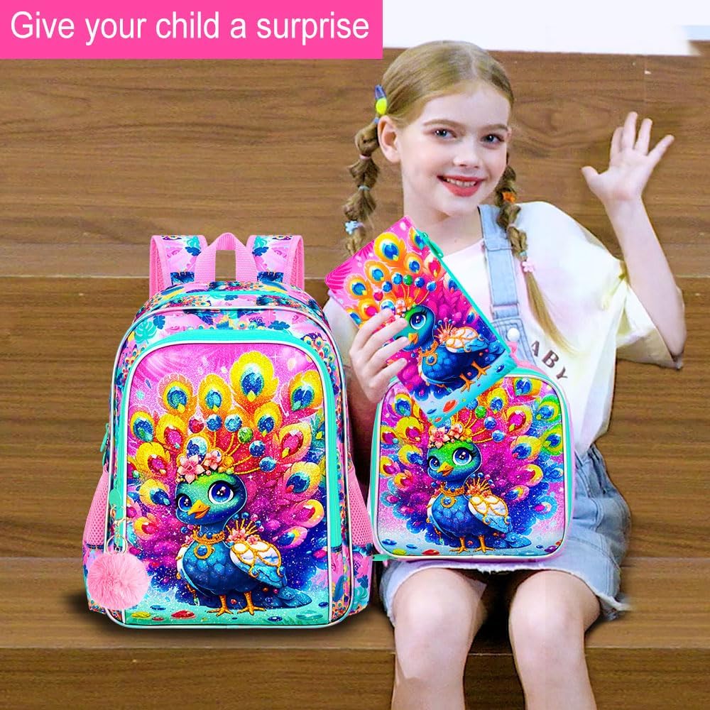 16" Backpack for Girls, 3Pcs Peacock Kids Bookbag for Elementary Preschool Kindergarten, School Backpacks with Lunch Box(Pink)