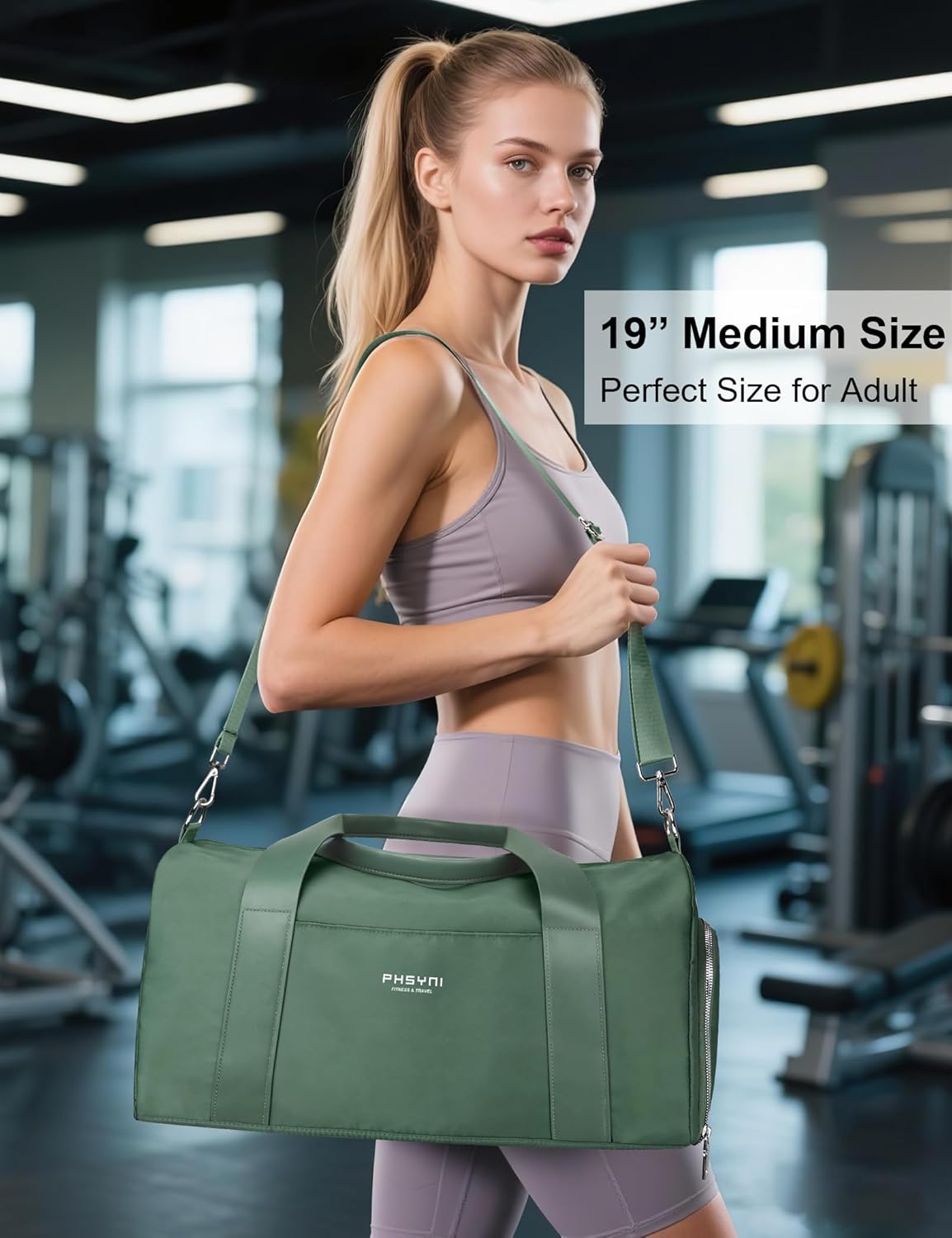 Gym Bag for Women Girls with Shoe Compartment & Wet Pocket - Duffle Bag for Travel Sports Fitness Workout Athletic, 19"-Medium, Olive Green