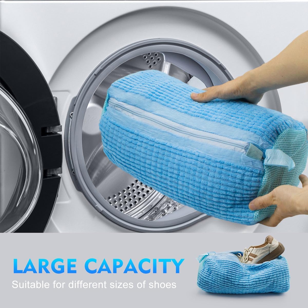 Reusable Shoe Washing Bag for Washing Machine - Simulate Hand Wash, Protect Shoes & Fit All Footwear - Large Capacity Laundry Bag for Sneakers, Flats & Kids Shoes 2 PCS (Blue)