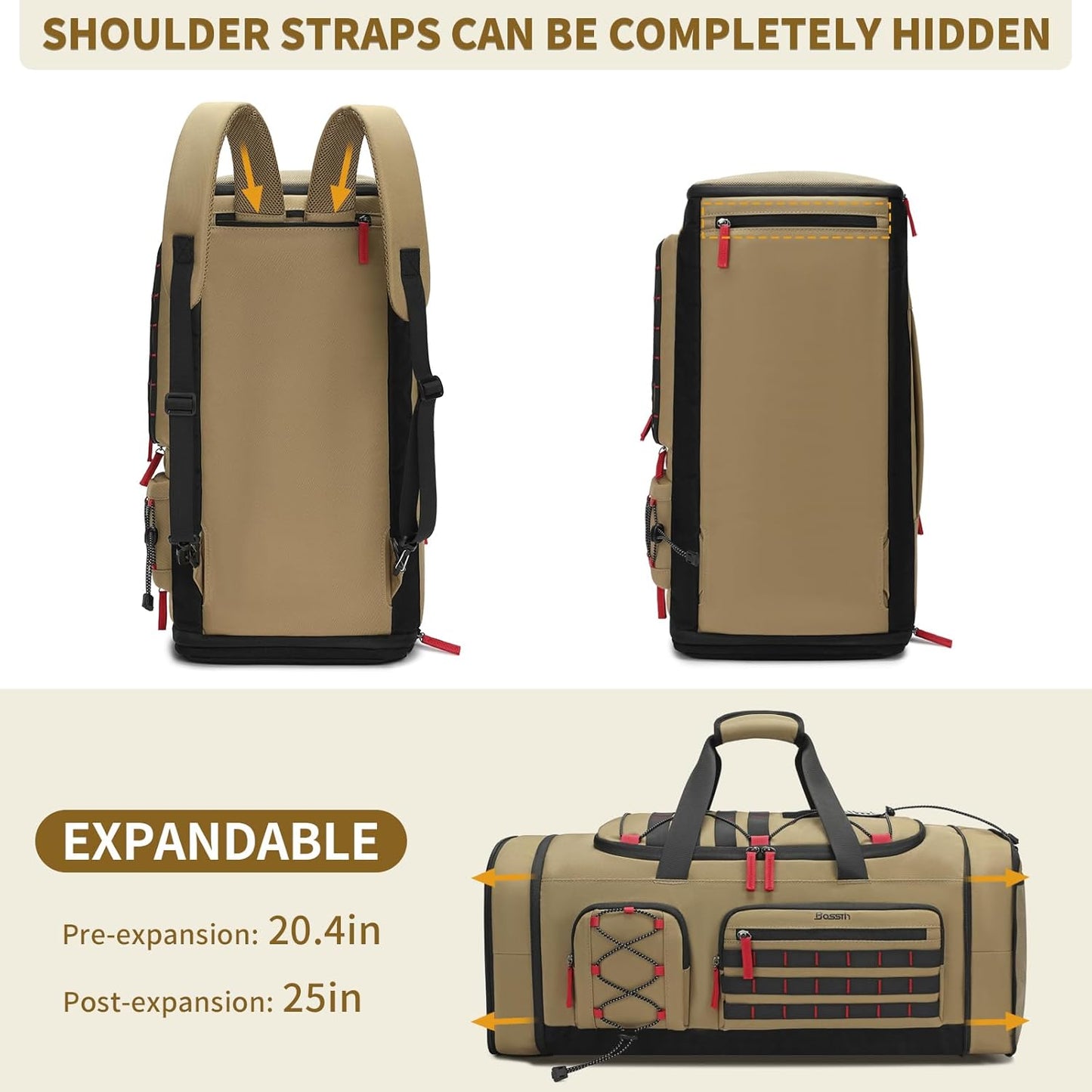 Bosstin Gym Bag for Men & Women,45L Travel Duffle Sports Duffel Bag Gym Weekender Overnight Backpack with Shoe Compartment (Khaki)