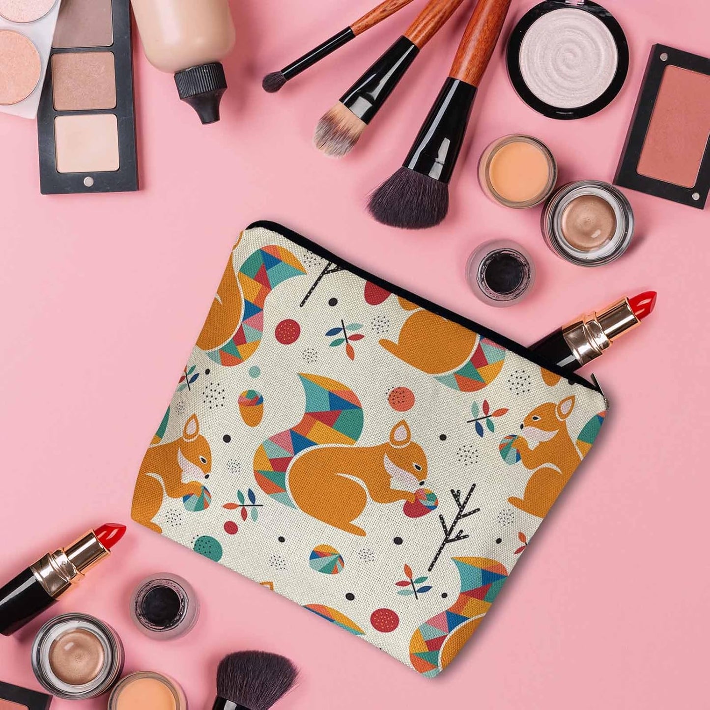 Squirrel Makeup Bag For Women, Adorable Cosmetic Bag Makeup Bags, Geometric Squirrel Pine Cones Cute Zipper Bag Travel Bags Toiletry Organizers Pouch Bags Washing Bags For Gym Bathroom