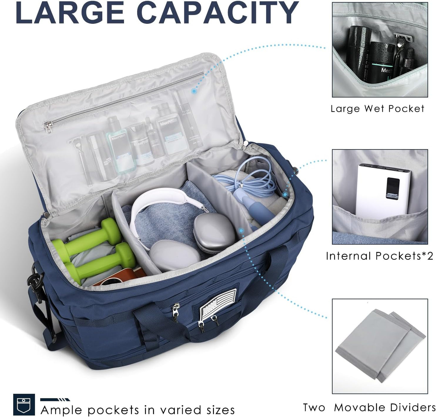 ETRONIK Travel Bag for Men Women, Gym Bag & Tactical Duffle Bags for Travel, Carry on with Toiletry Bag and Shoe Compartment, Weekender Overnight Trip with Wet Pocket for Workout Medical, Blue