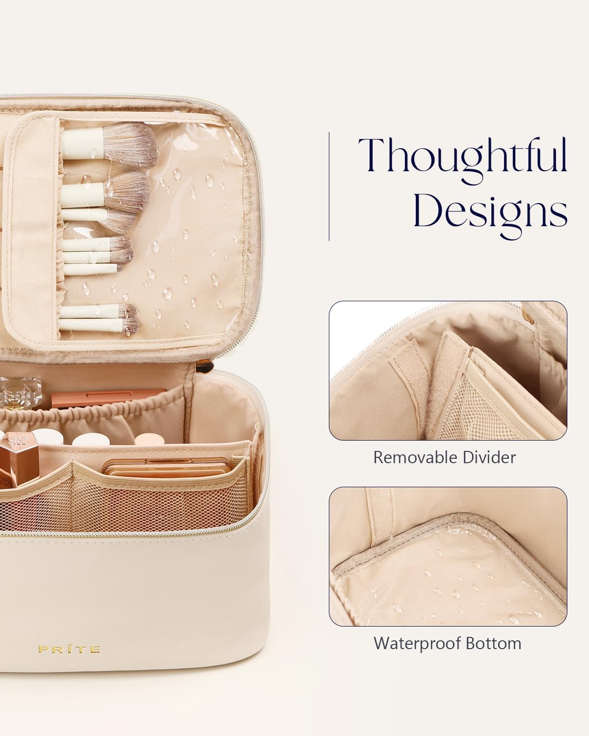 Prite Makeup Bag Portable Cosmetic Organizer with Brush Holder Waterproof Travel Toiletry Bag for Women with Handle and Divider (Beige)