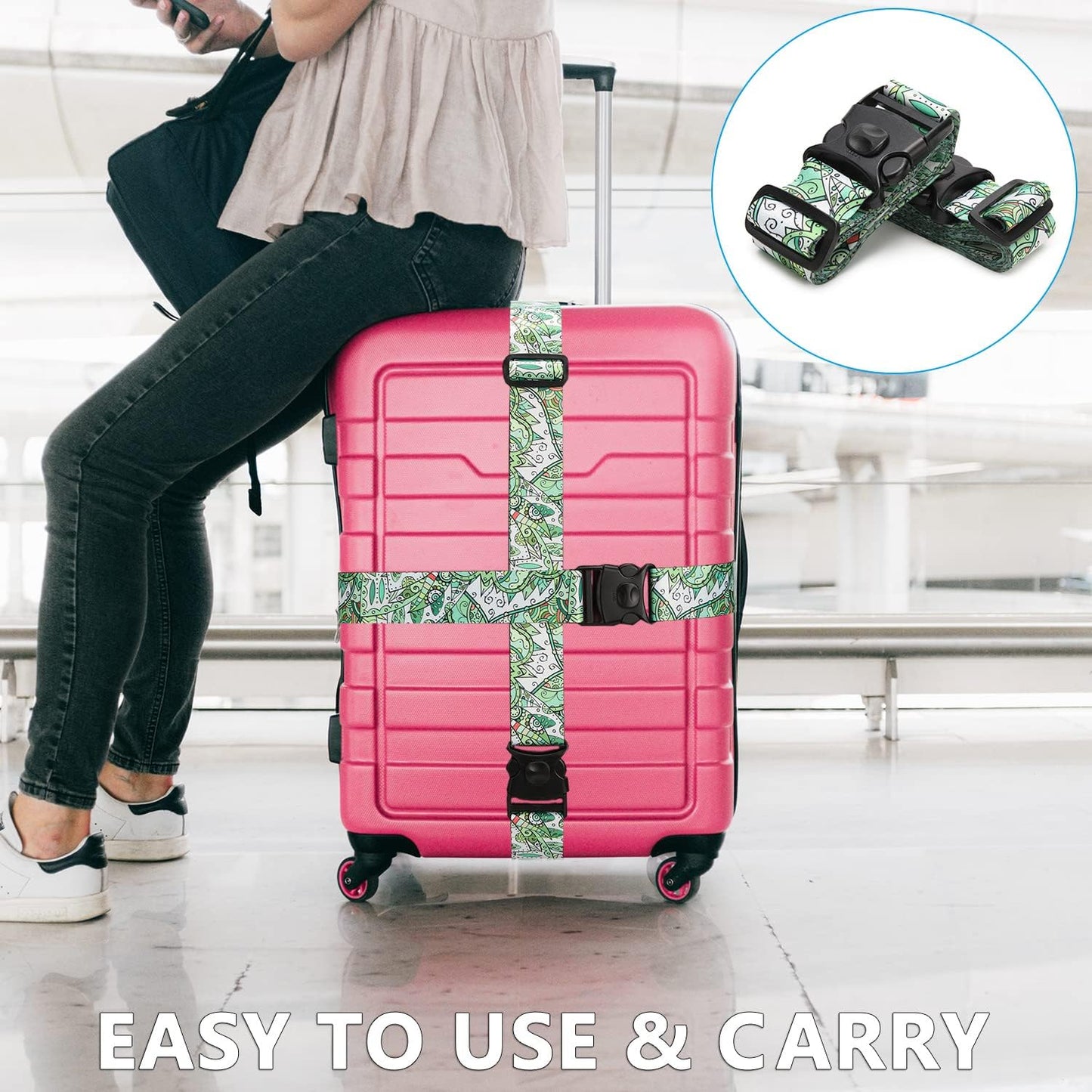 2 Pack 75'' x 2'' Adjustable Luggage Straps for Suitcase Belt Travel Bag Packing Straps Accessories (Grass)