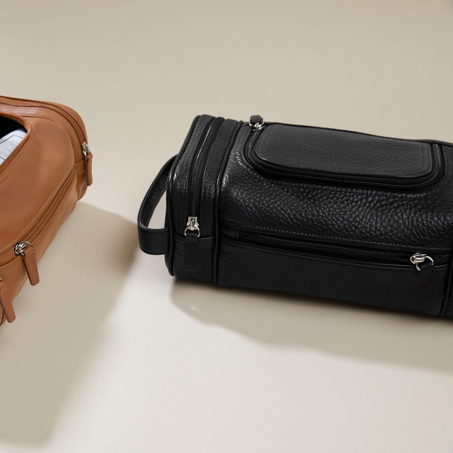 Leatherology Premium Ebony Multi Pocket Toiletry Bag - Main top zippered compartment with additional side and front zippered pockets