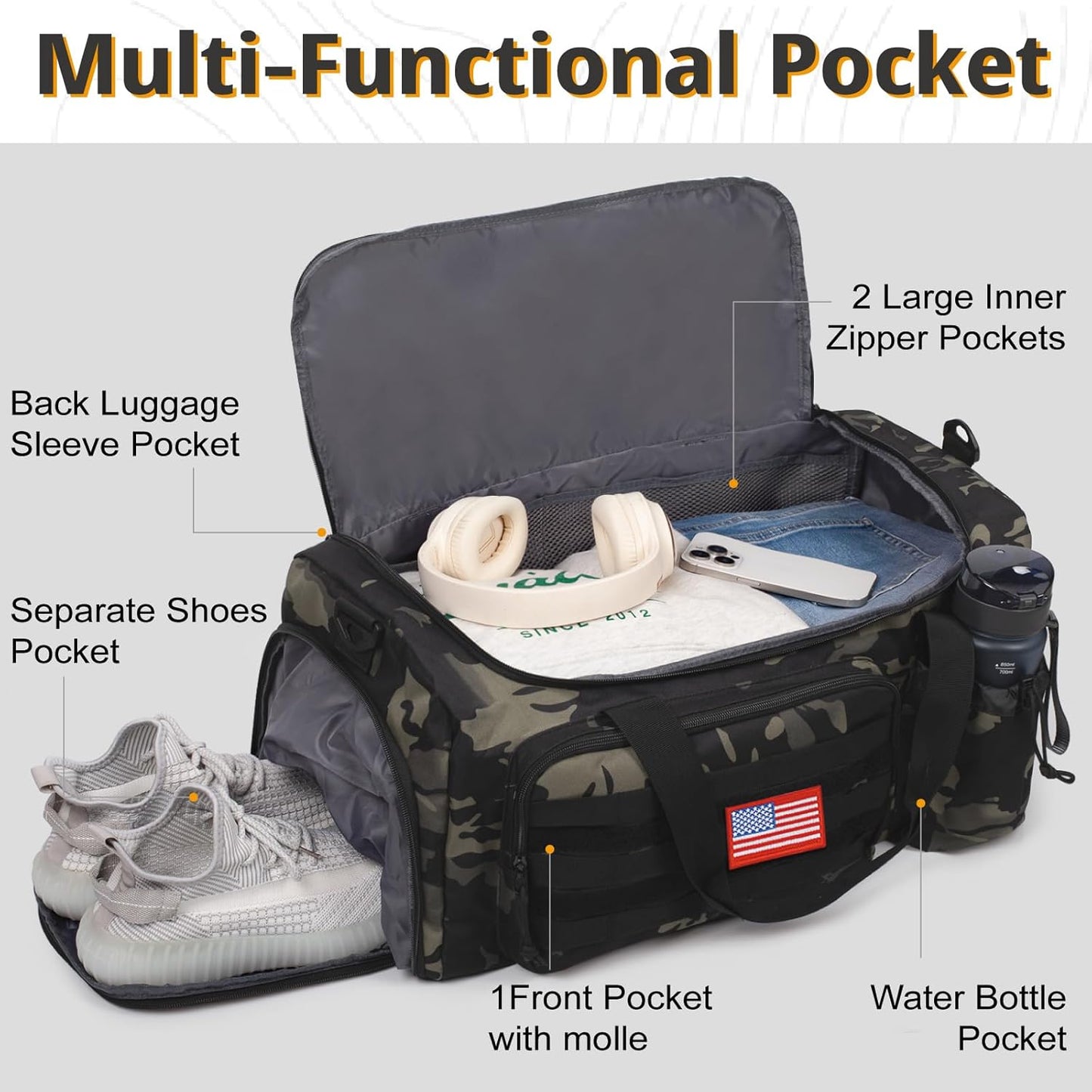 Tactical Gym Bag for Men, 40L Large Capacity Duffle Bags with Shoes Compartment, Sports Bag with wet compartment, Multi-functional Weekend Bags Suitable for Travel, Camping,hiking