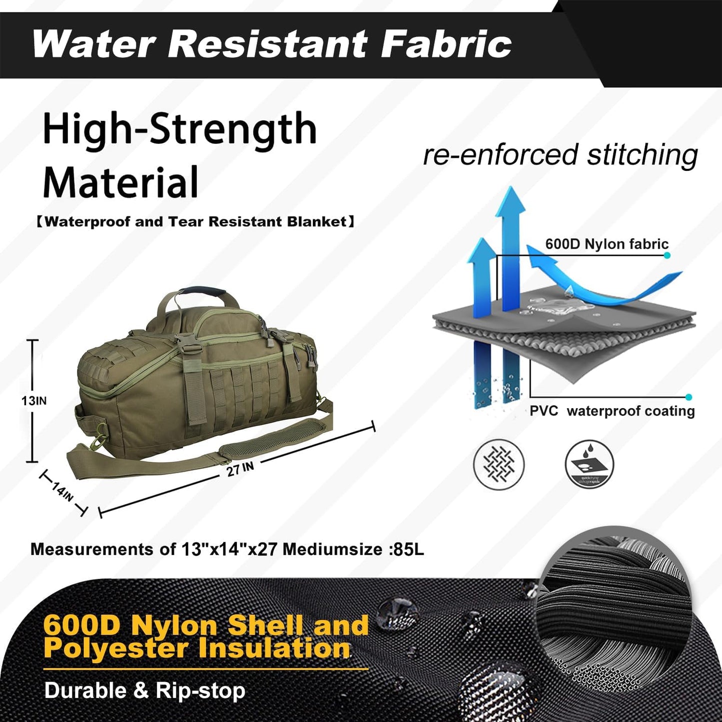 3 In 1 Military Backpack Travel Duffle Bag for Weekender Gym Traveling Workout Deployment