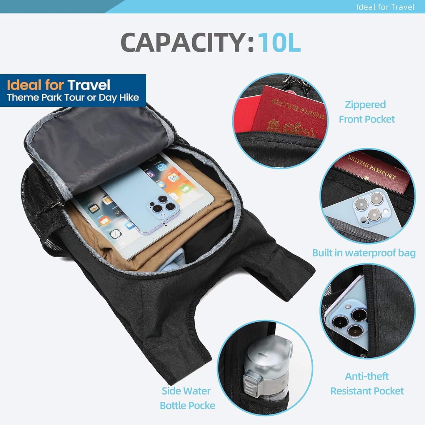 10L Lightweight Hiking Bag Small Daypack Hiking Backpack Foldable Outdoor Bag for Women Men(Black)