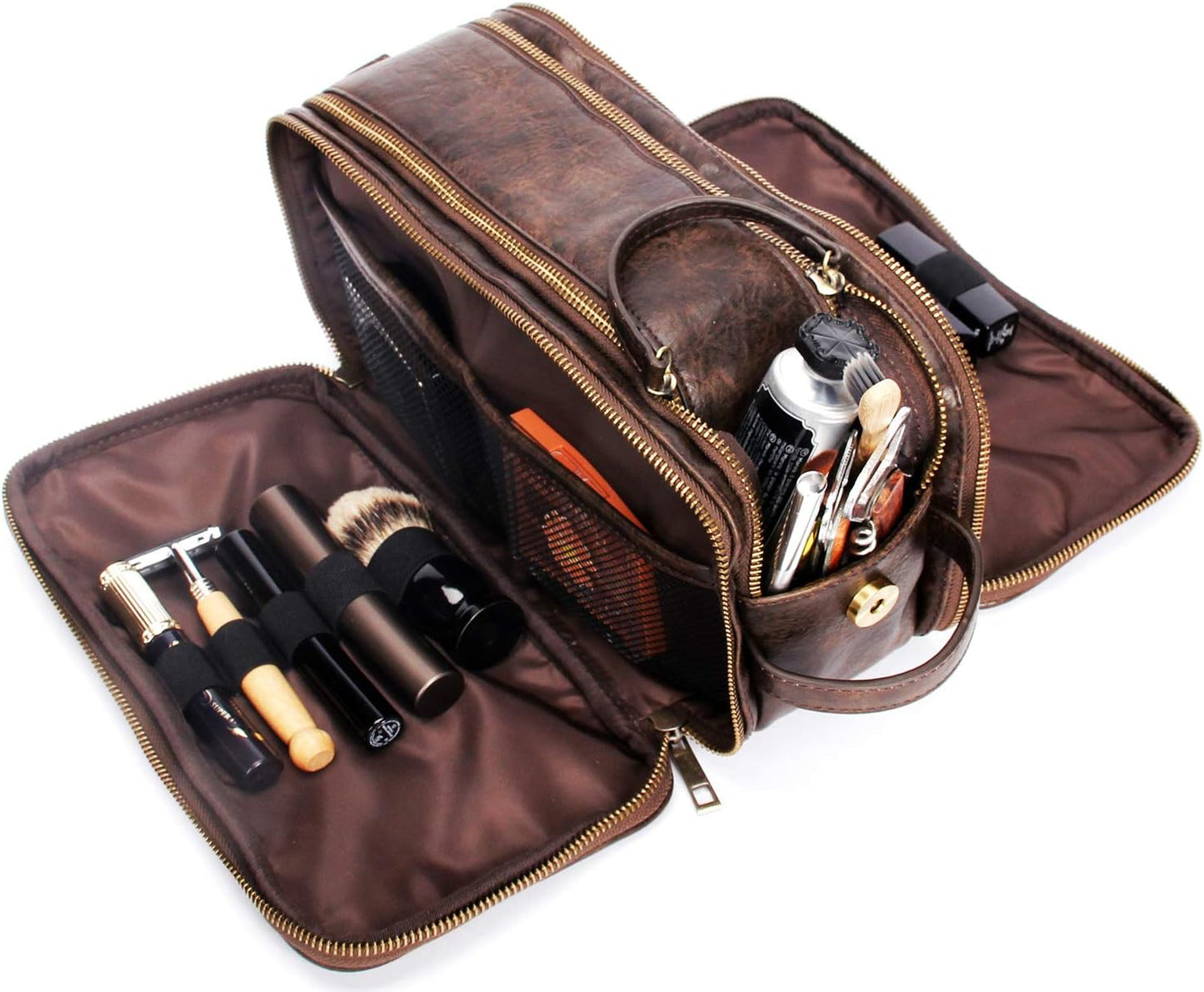 Leather Toiletry Bag for Men Personalized Dopp Kit for Travel Waterproof Shaving Bag Coffee