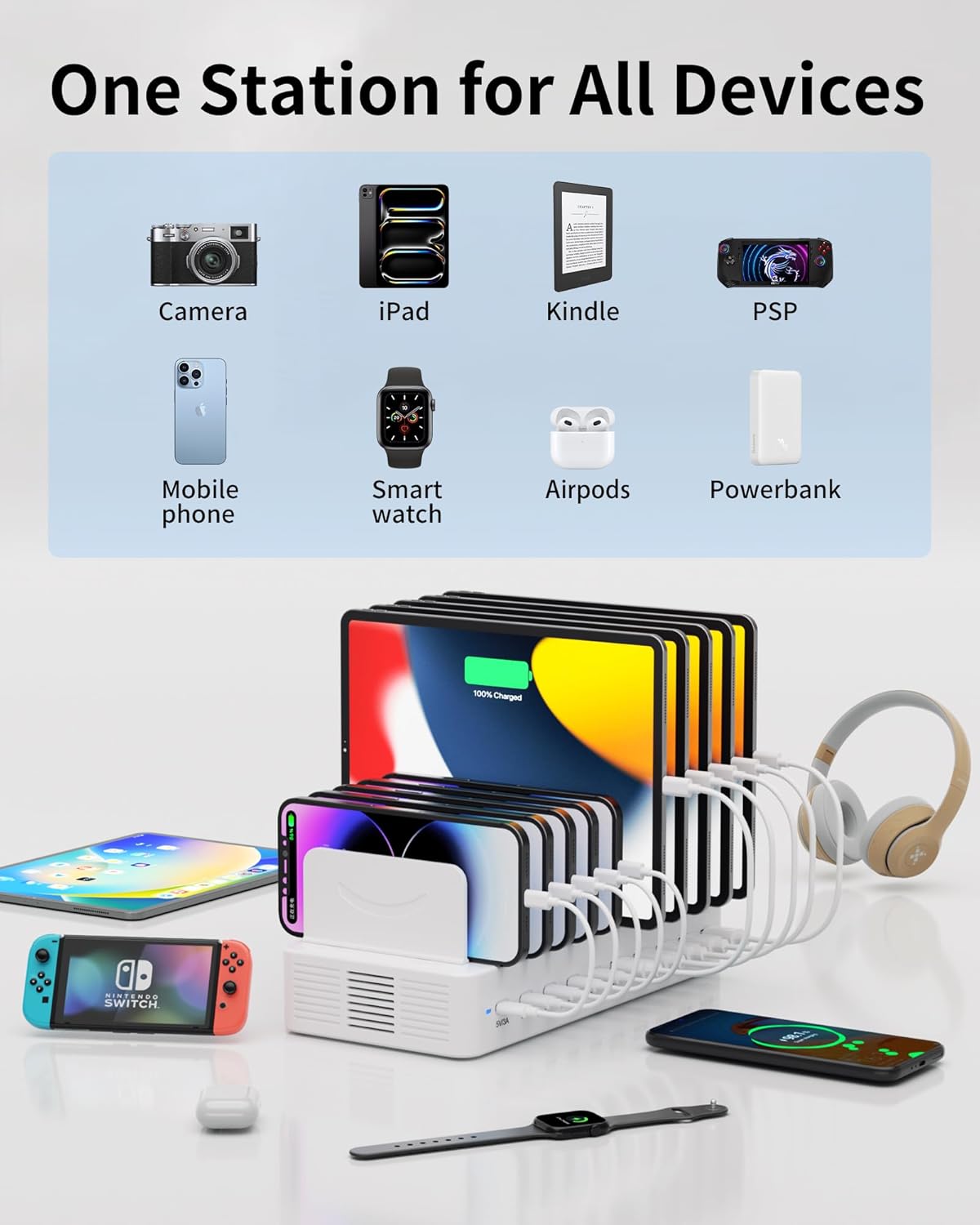 100W Charging Station for Multiple Devices, 10-Port USB Fast Charging Station with Adjustable Dividers & 10 Cables- Multi Device Organizer Charging Dock for iPhone, iPad, Tablets & More