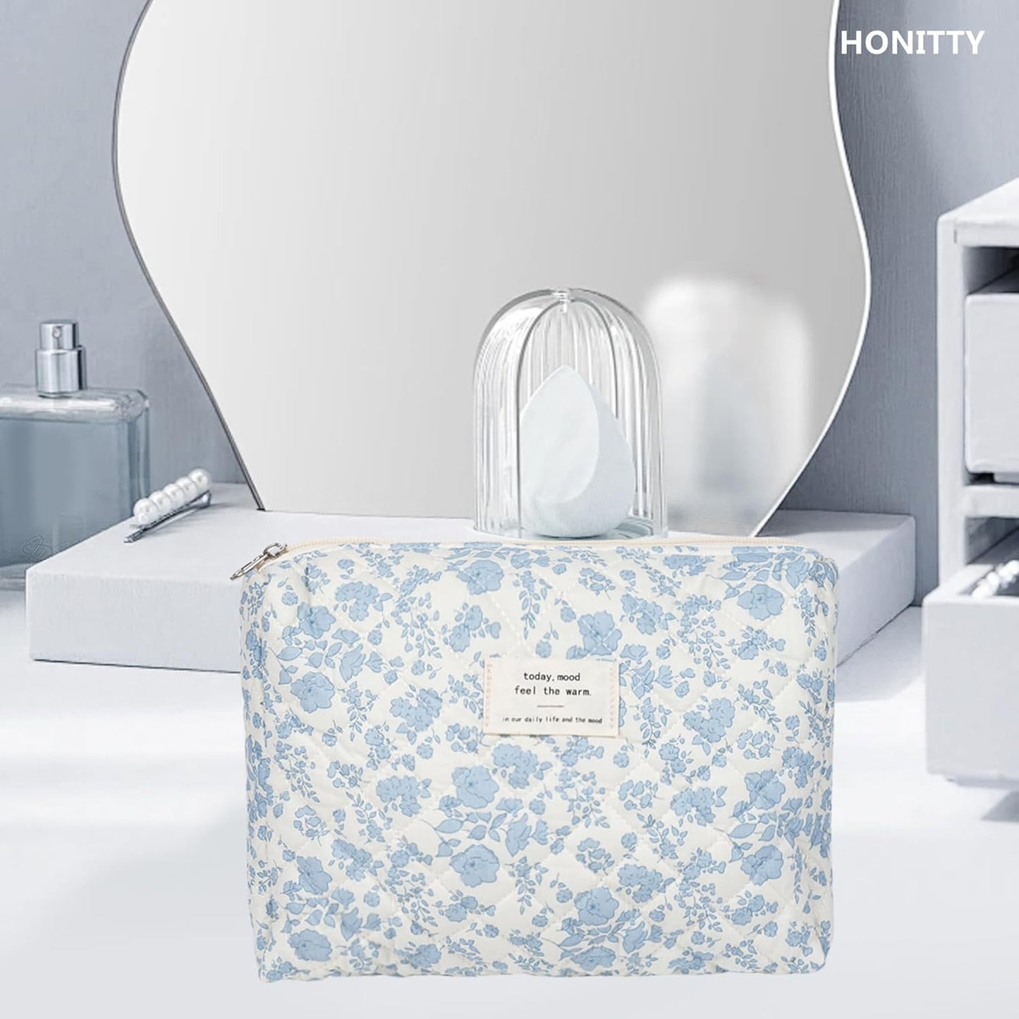 Makeup Pouch,Quilted Cosmetic Bags,Large Floral Make Up Organizer for Women