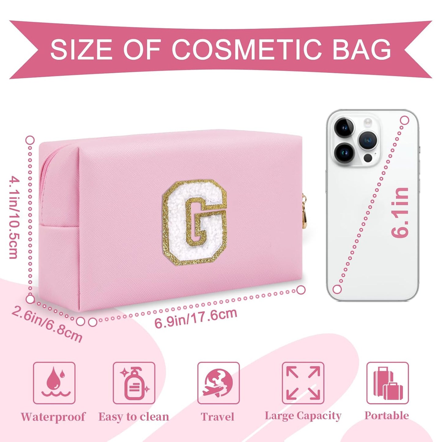 Personalized Initial A-Z Preppy Patch Makeup Bag,Small PU Chenille Letter Cosmetic Bag with Zipper for Teen Girls,Pink Cute Toiletry Organizer Bag,Monogram Makeup Case Gift for Women Girls,Letter G