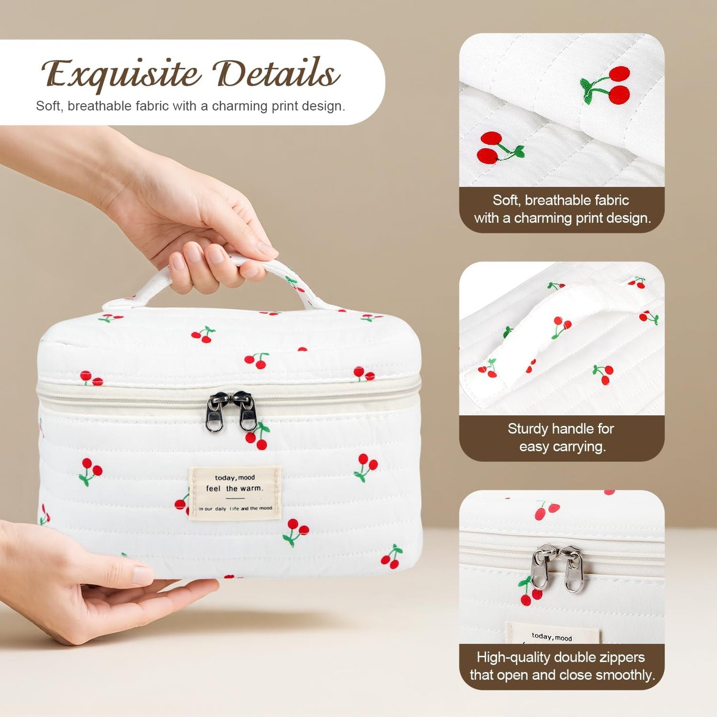 Large Travel Quilted Makeup Bag for Women, Floral Cotton Cosmetic Bag Cute Coquette Aesthetic Floral Toiletry Organizer Bag for Girls Cherry Flower Cosmetic Zipper Storage Bag