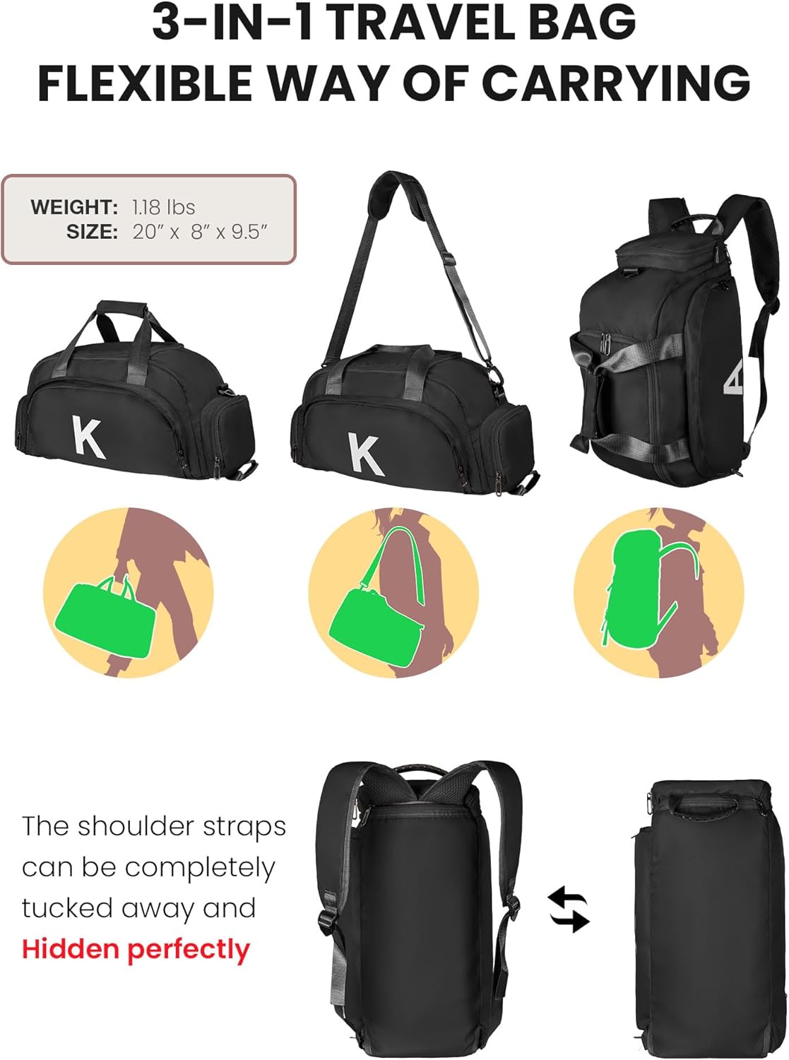 11 12 13 14 15 16 Year Old Girl Birthday Gifts, Initial Gym Bags with Shoe Compartment, Dance Bag for Girls, Monogram Kid Overnight Bags, Small Travel Duffle Tote (Letter K)