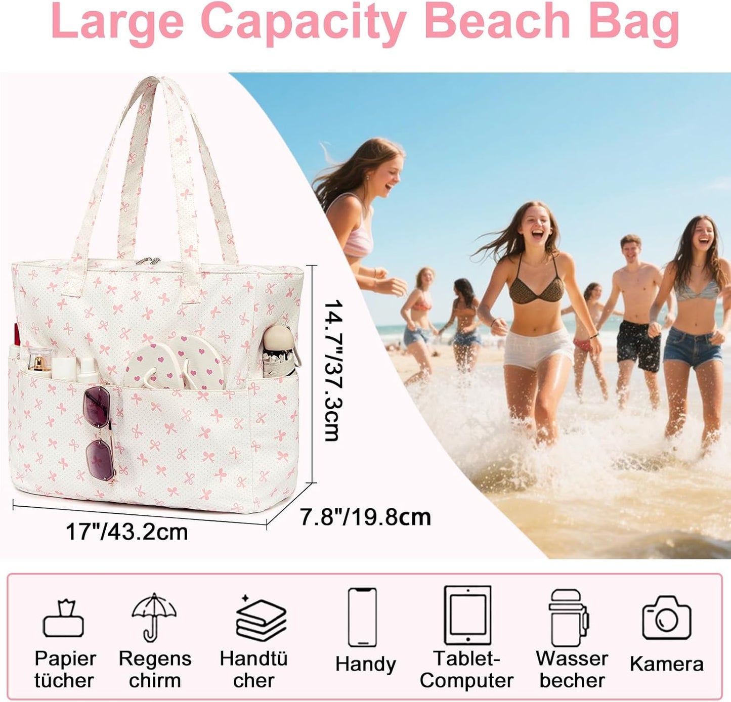 LEDAOU Beach Bag Waterproof Sandproof Women Tote Bag Pool Bag with Zipper for Gym Grocery Travel with Wet Pocket