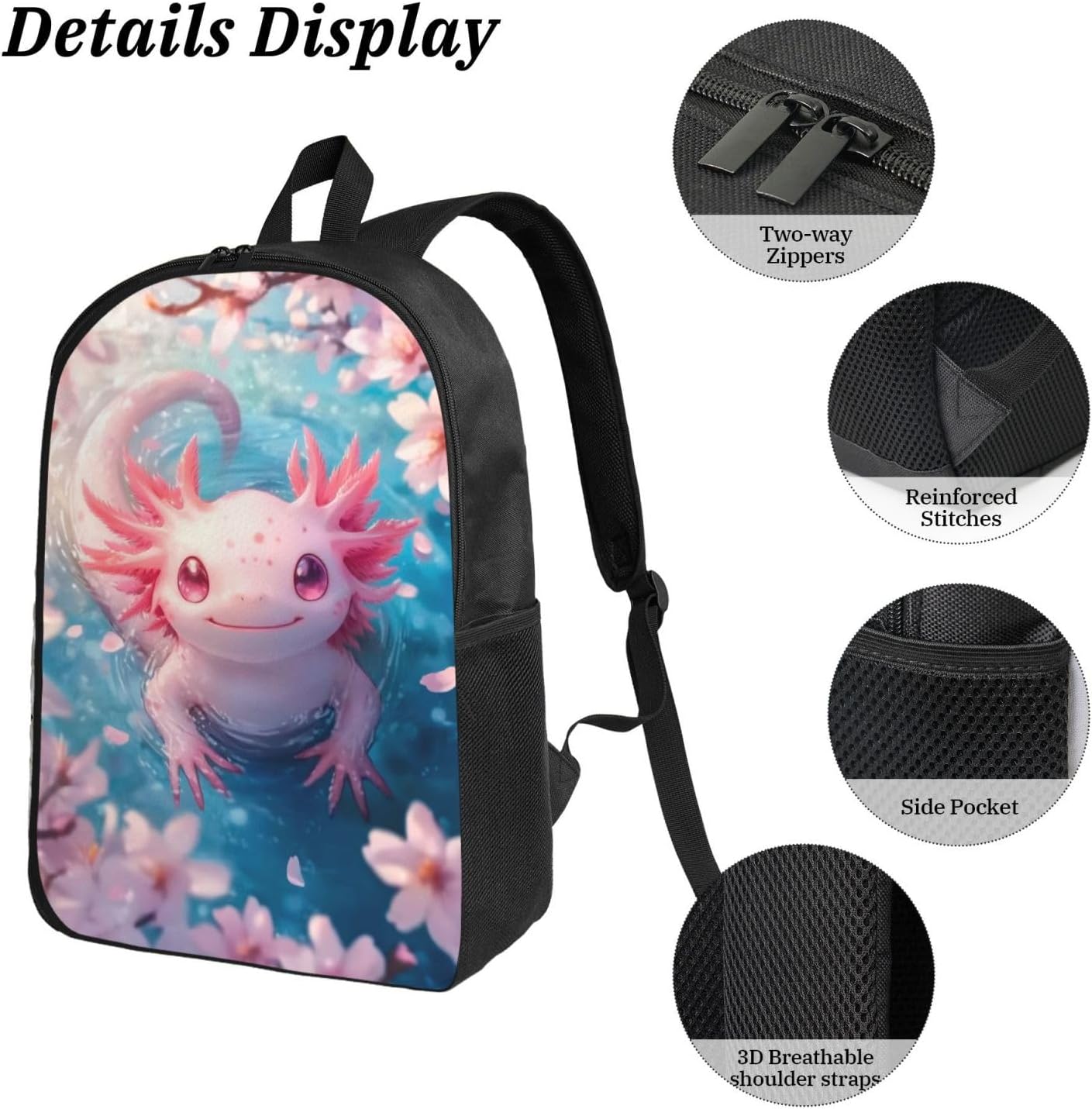 Axolotl Kid Backpack Set with Lunch Bag & Pencil Case Large Capacity School Bag 17 Inch Bookbag for Boy Girl
