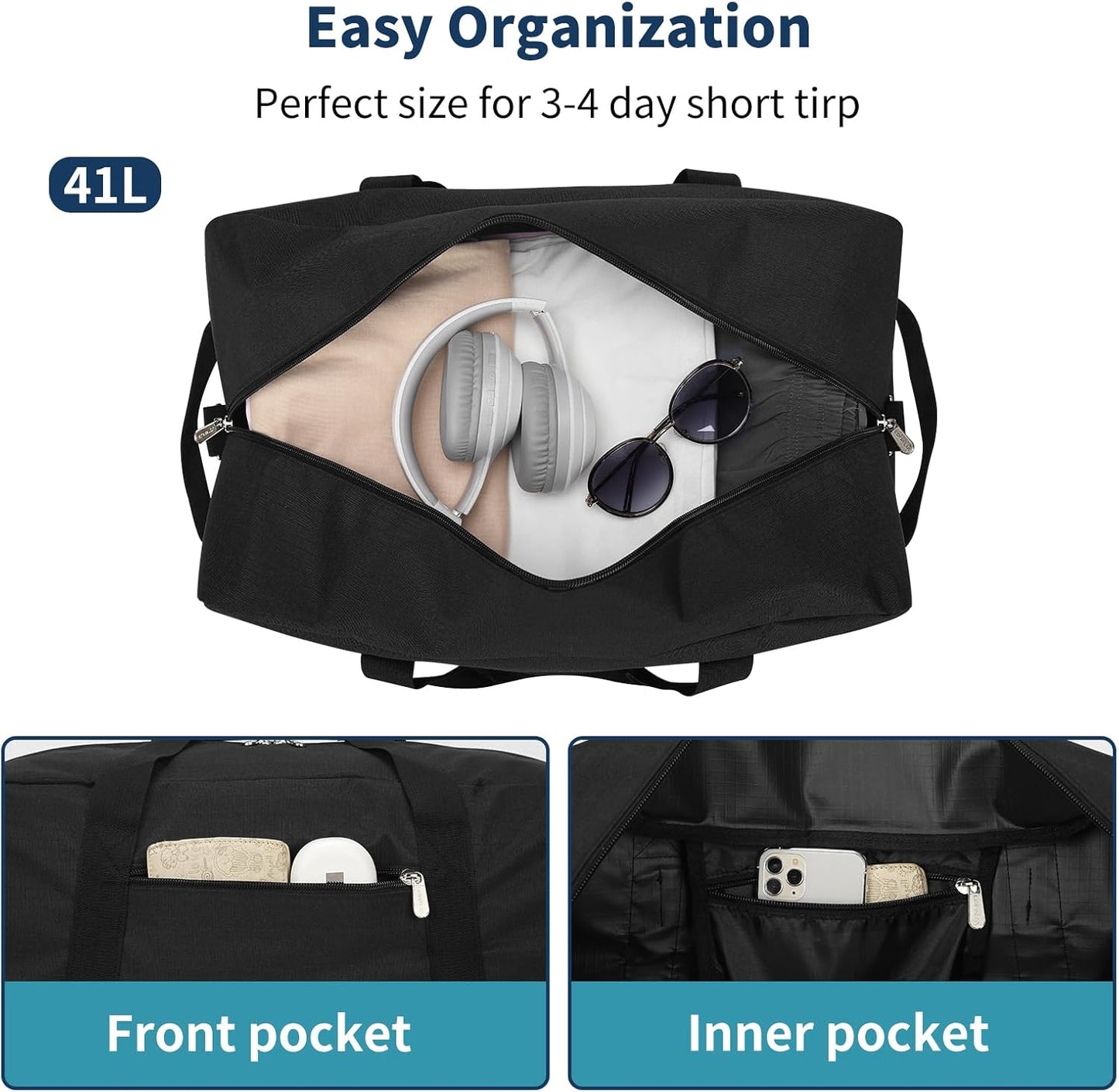 21 inch Gym Bag for Men - 40L Travel Duffel Bag Sport Duffle Bags for Weekend Overnight with Bottom Support (Black）