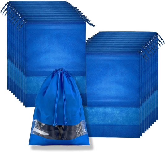 20 Pack Shoe Bags for Travel, 17" x 12.6" Drawstring Shoe Organizers with Clear Window, Breathable Non-Woven Dustproof Pouches for Luggage & Closet (Blue)
