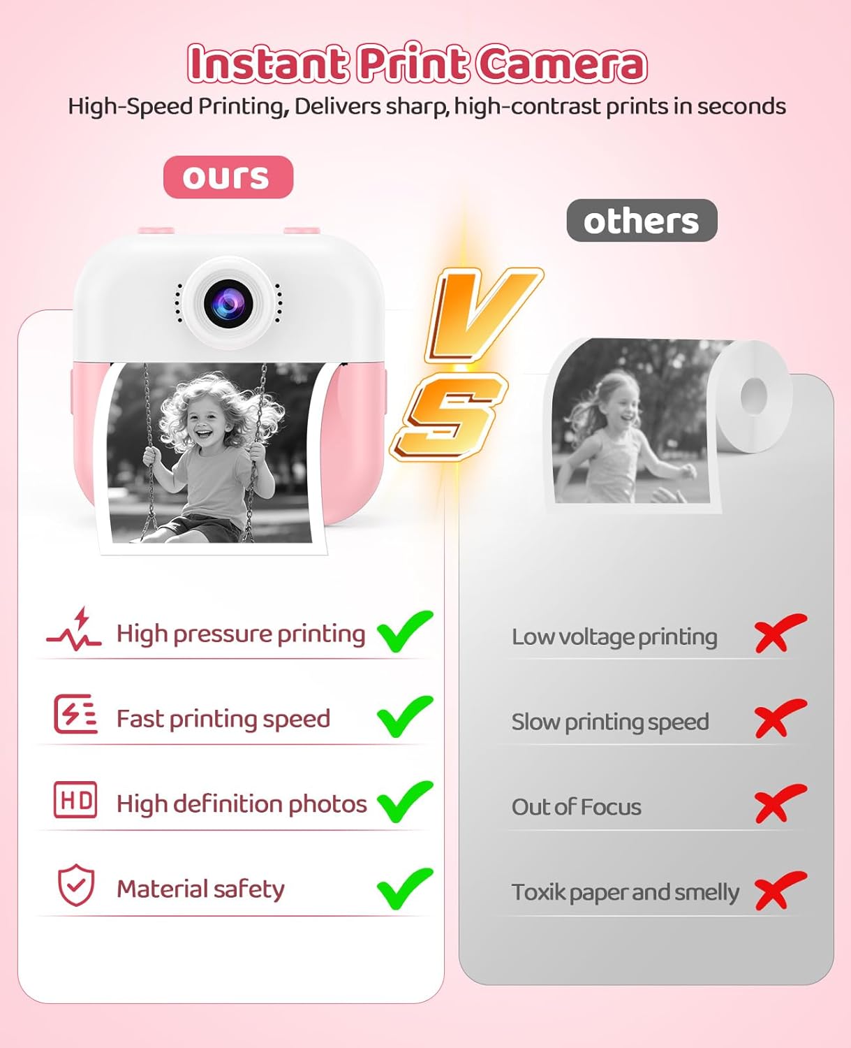 Instant Print Front Rear Dual Selfie Kids Camera for Kids Christmas Birthday Gifts for Girls Age 3-12 Portable Toys for 3 4 5 6 7 8 9 10 Year Old Girl with 32GB SD Card Digital Camera