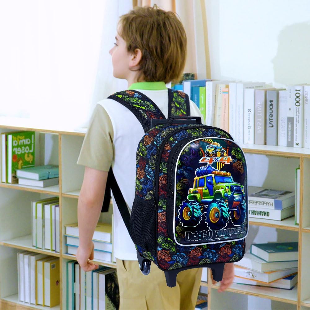 3PCS Rolling Backpack for Girls and Boys, Kids Roller Wheels Bookbag, Wheeled Elementary School Bag with Lunch Bag