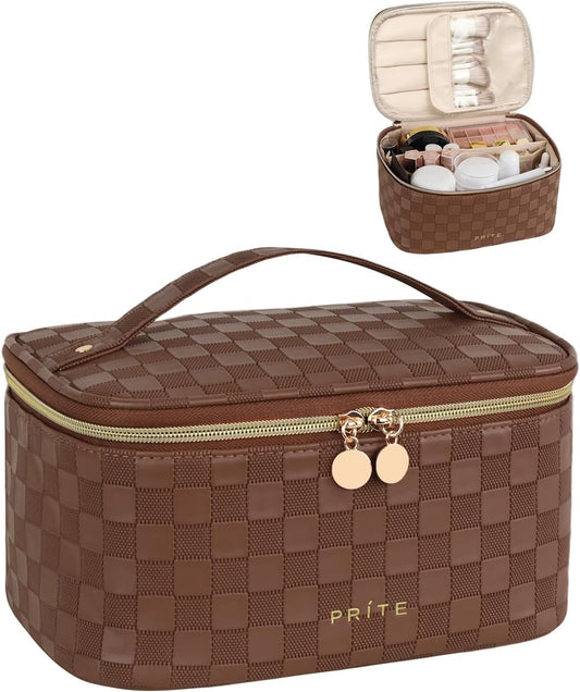 Prite Makeup Bag Portable Cosmetic Organizer with Brush Holder Waterproof Travel Toiletry Bag for Women with Handle and Divider (Checkered Brown)