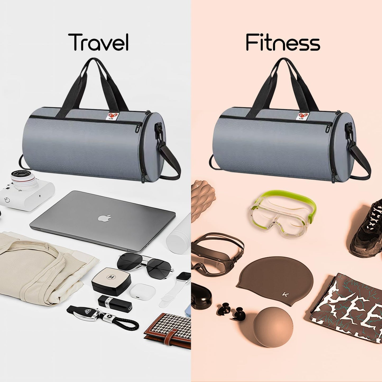 Gym Duffle Bag for Men & Women with Wet & Shoe Separated Compartment, 16 Inch and 16L Small Duffle Bag for travel Carry On, Swimming, Workout. Grey