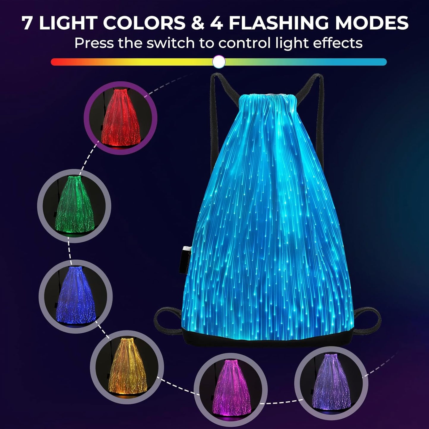 LED Backpack Drawstring Bag Gym Bags Light up Purse 7 Colors Rave Gear Rucksack for Bike Hiking festival carnival (White)